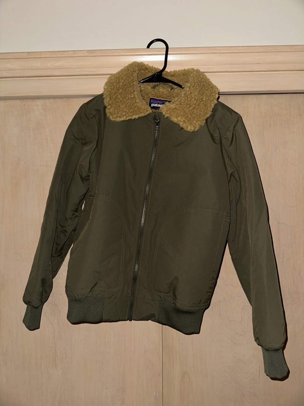 Patagonia Olive Jacket with Tan Sherpa Collar